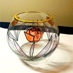 VTG. Romania Crystal Hand Painted Rose Bowl Vase With Gold Trim